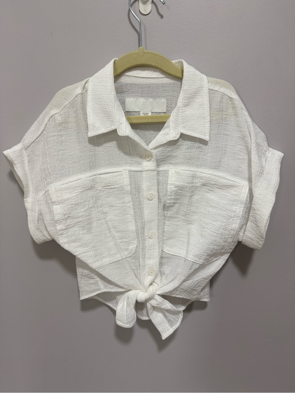 Zara Girls White Textured Tie-Front Short Sleeve Blouse
